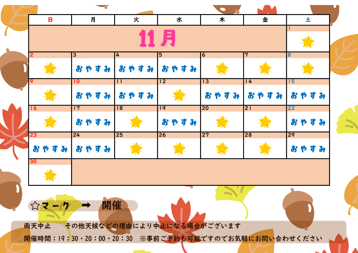 11月 星空ナイトクルージングツアー予定表 11月 星空ナイトクルージングツアー予定表